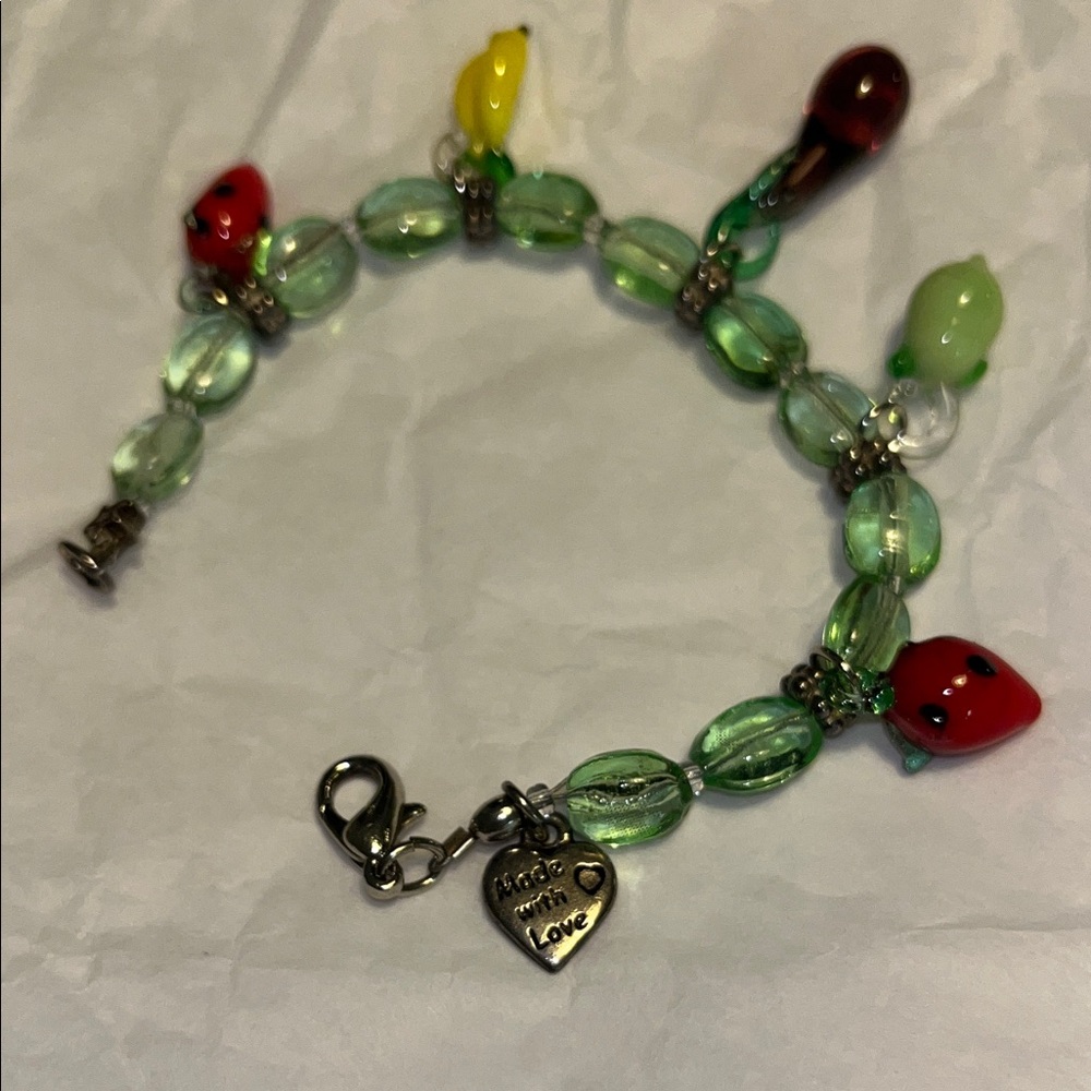 Children’s Fruit Charm Bracelet inscription on silver toned heart Made With Love